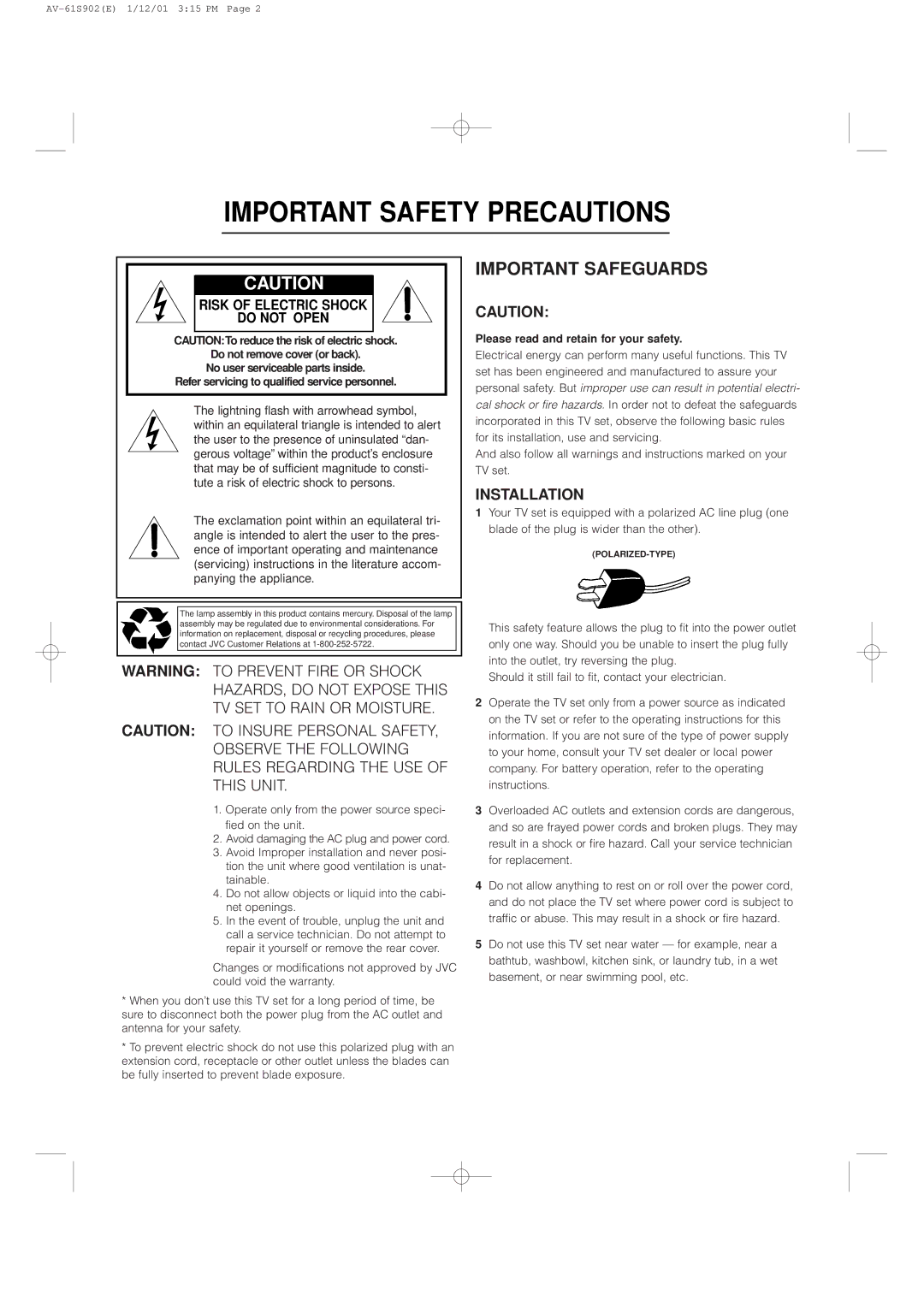 JVC AV-61S902 manual Important Safety Precautions 