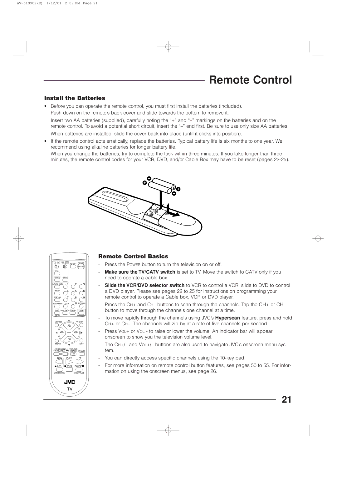 JVC AV-61S902 manual Install the Batteries, Remote Control Basics 