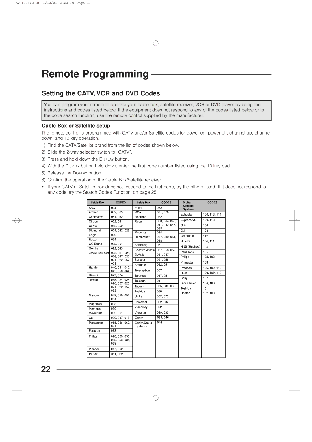 JVC AV-61S902 manual Remote Programming, Cable Box or Satellite setup 