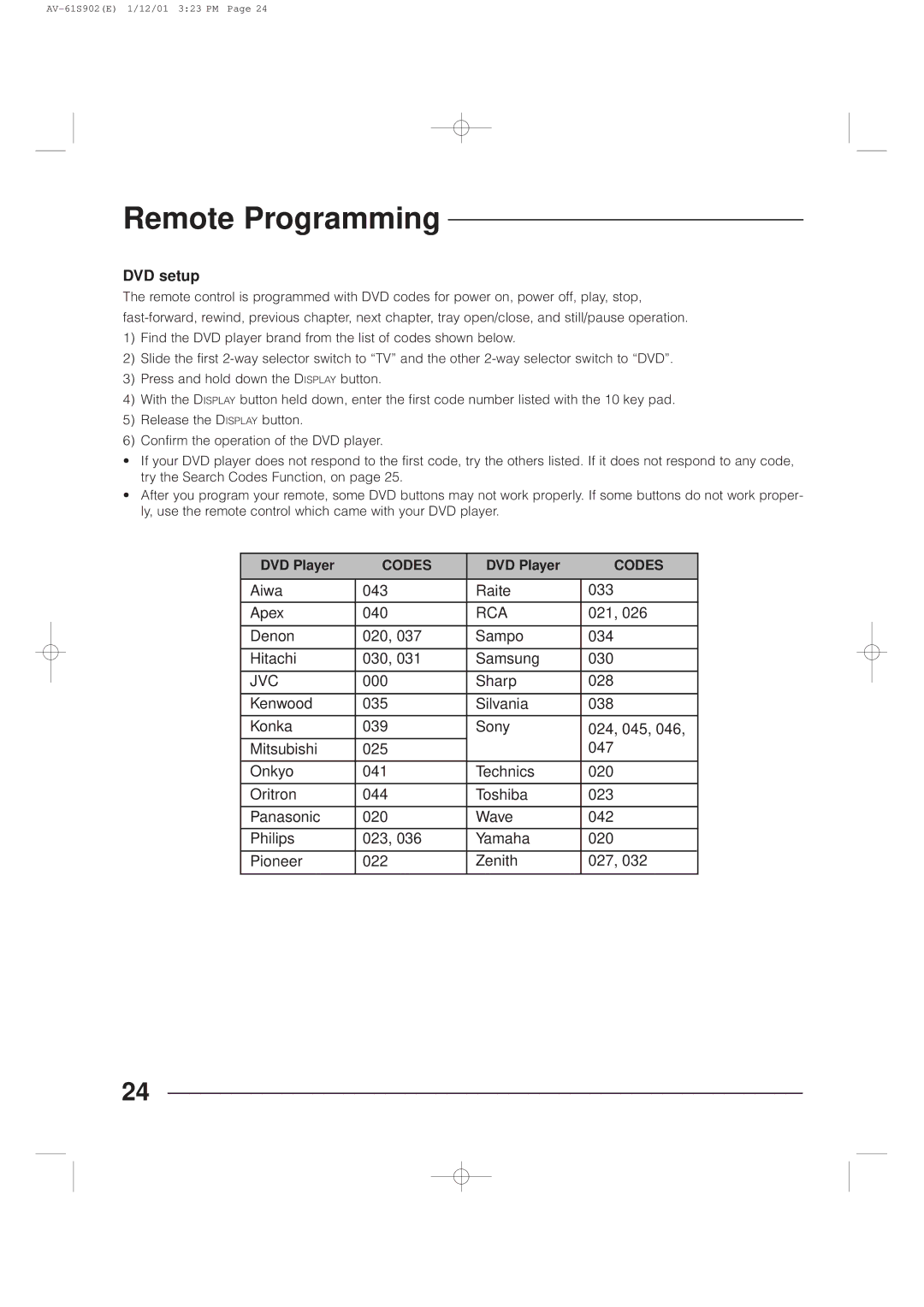 JVC AV-61S902 manual DVD setup, Jvc 