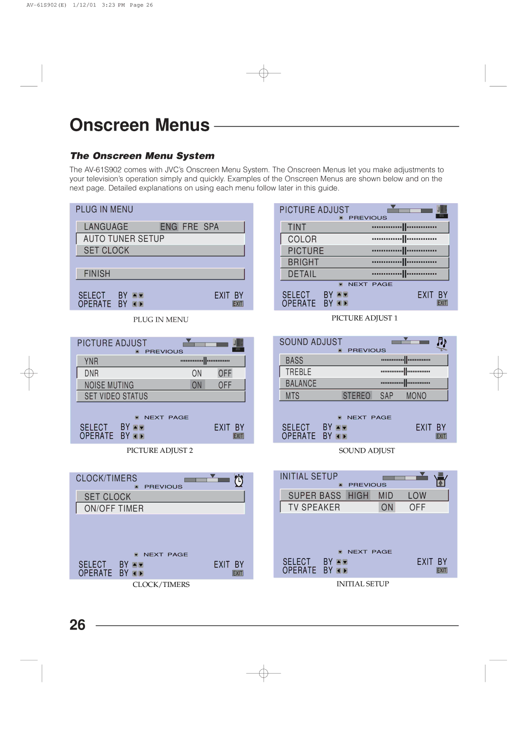 JVC AV-61S902 manual Onscreen Menus, Onscreen Menu System 