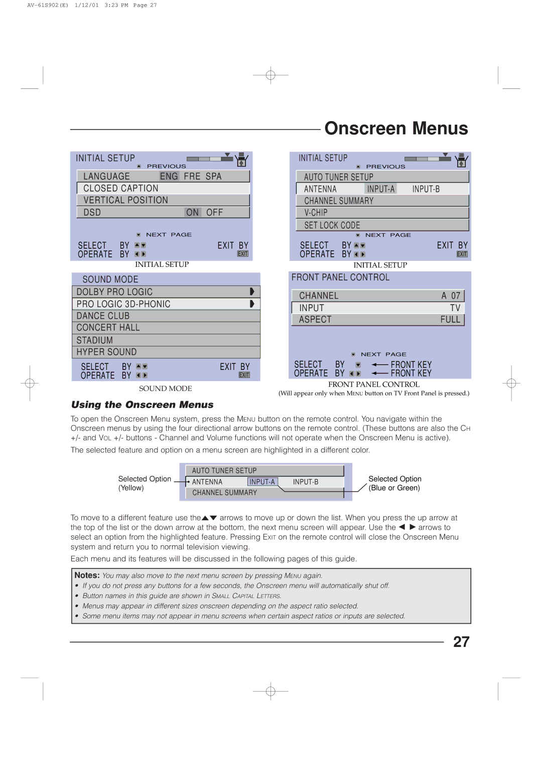 JVC AV-61S902 manual Using the Onscreen Menus 