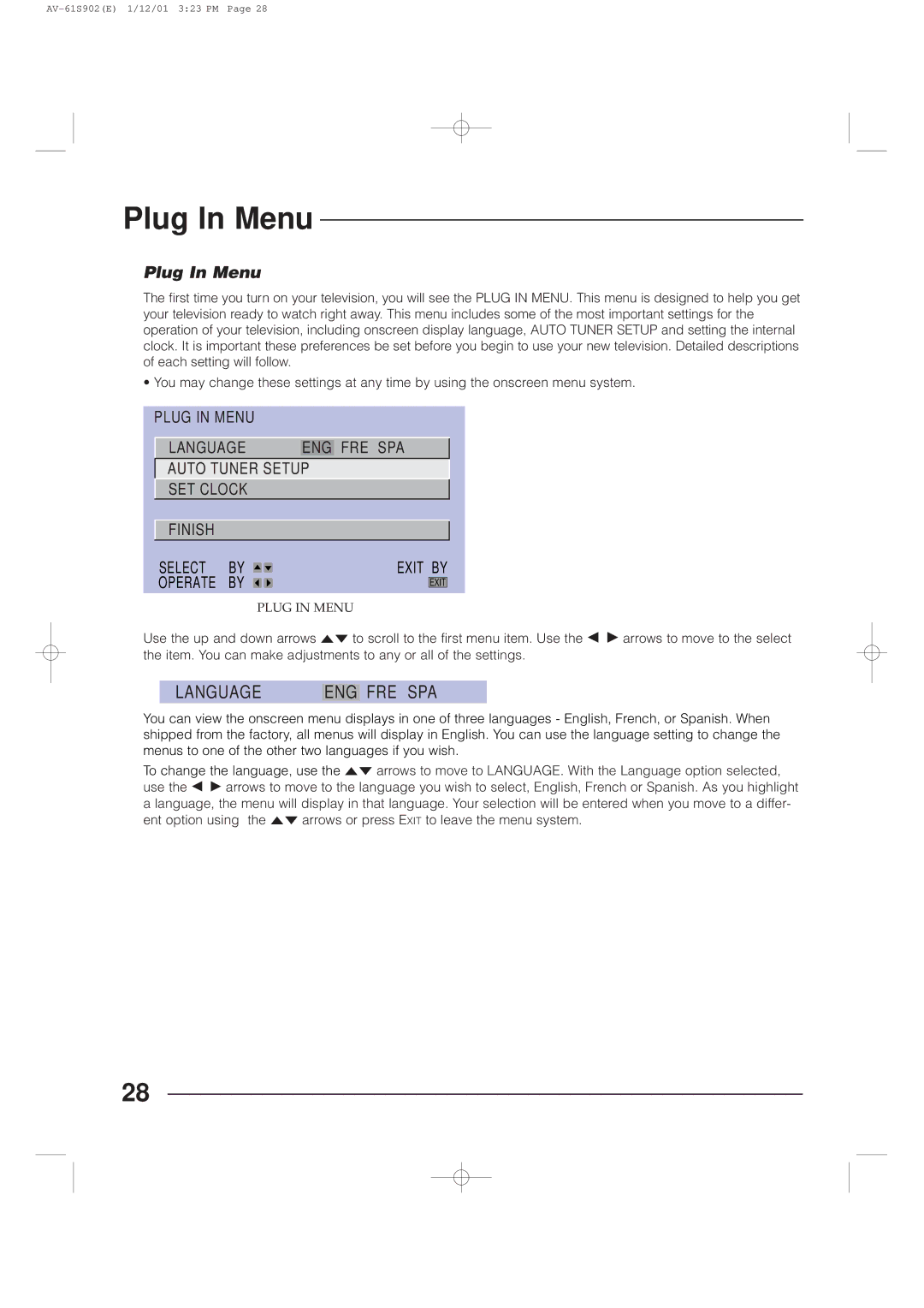 JVC AV-61S902 manual Plug In Menu 