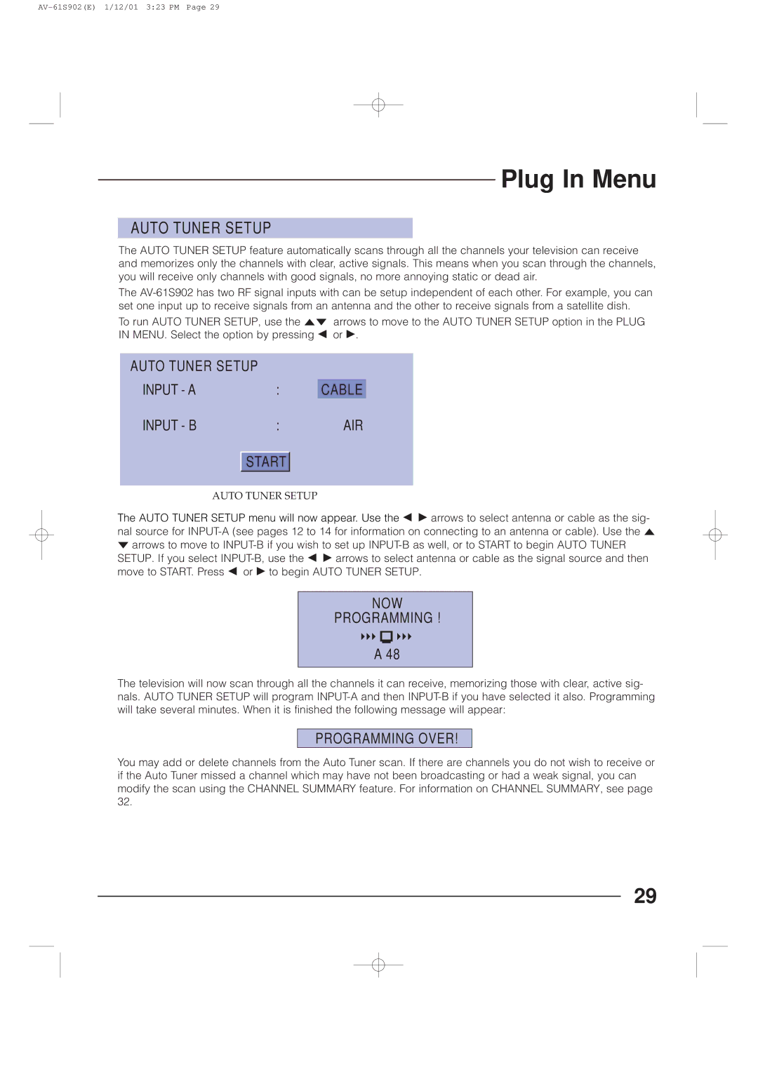 JVC AV-61S902 manual Auto Tuner Setup, Start 