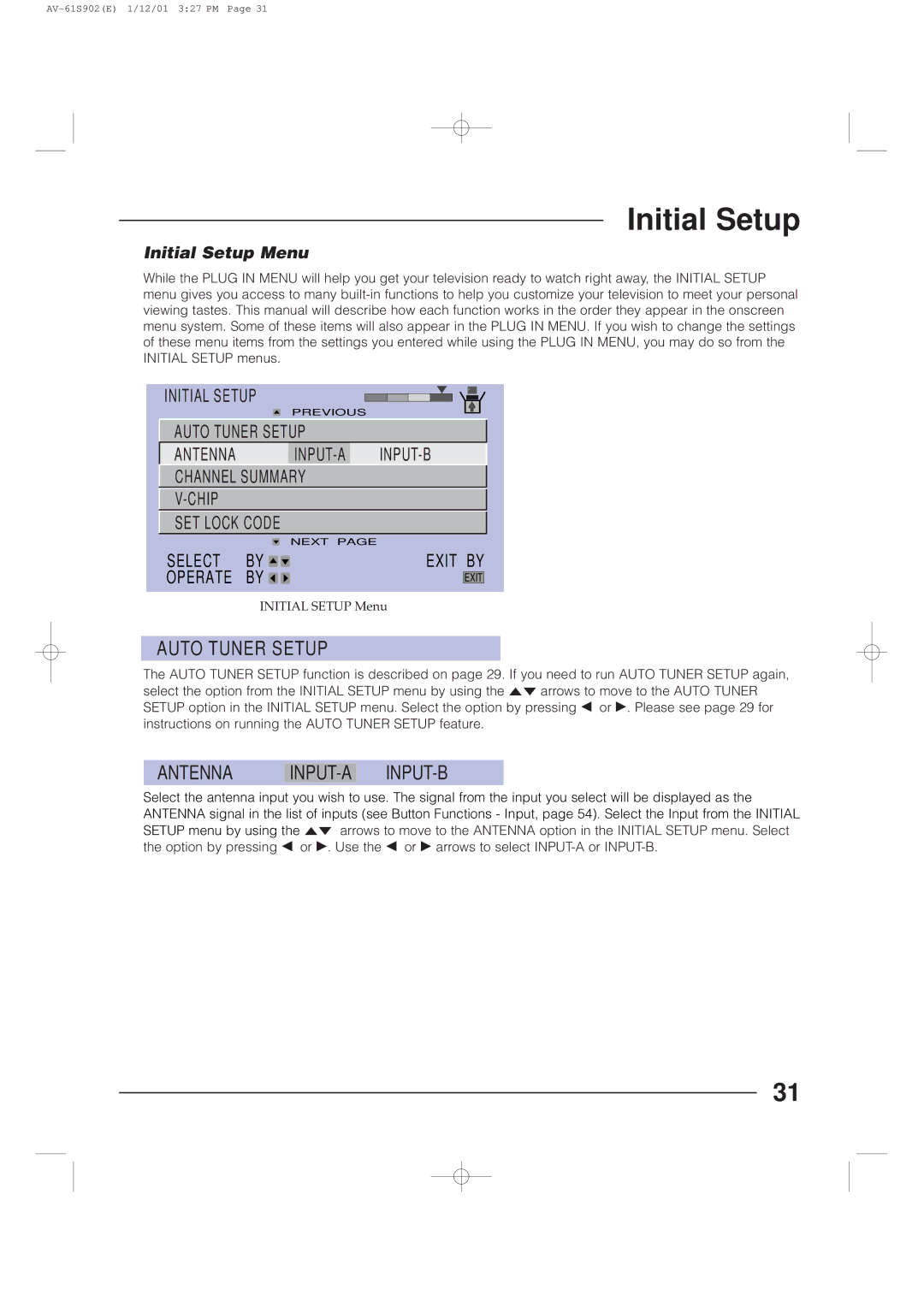 JVC AV-61S902 manual Antenna INPUT-A INPUT-B, Initial Setup Menu 