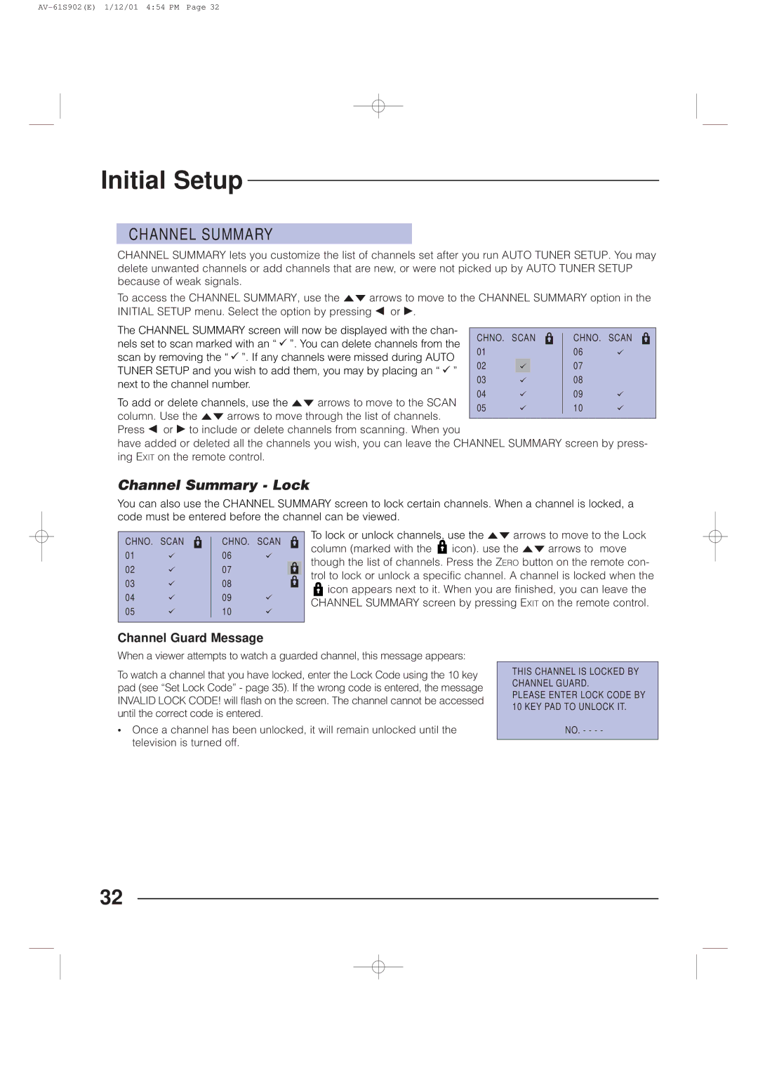 JVC AV-61S902 manual Channel Summary, Channel Guard Message 