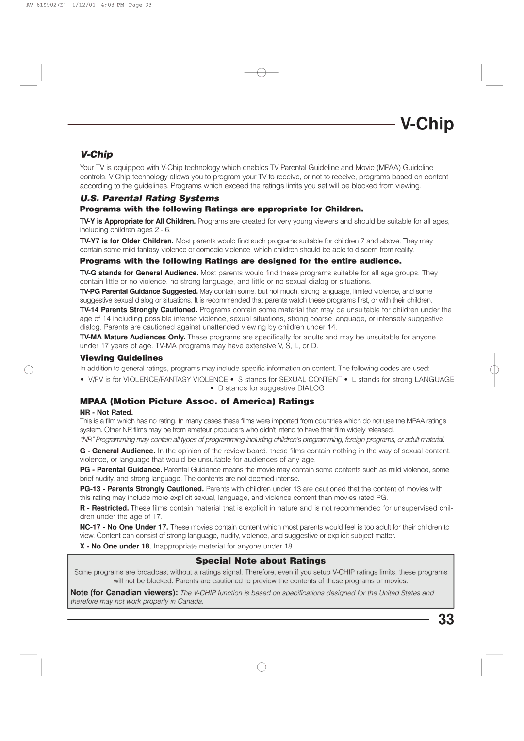 JVC AV-61S902 manual Chip, Mpaa Motion Picture Assoc. of America Ratings, Special Note about Ratings 