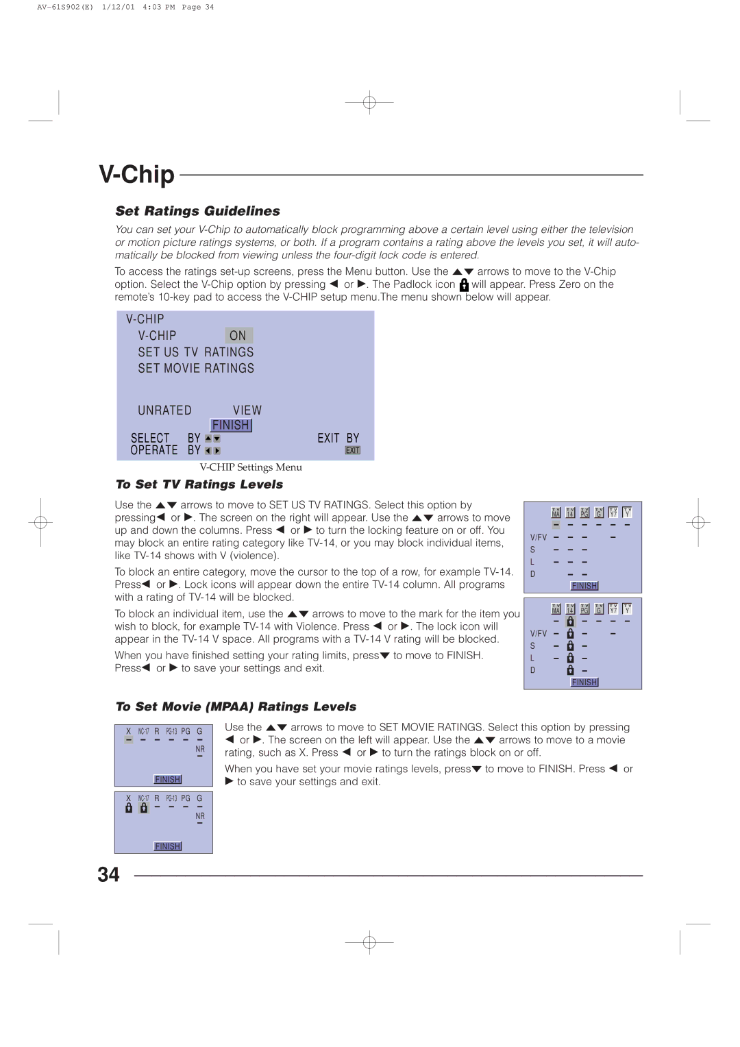 JVC AV-61S902 manual Set Ratings Guidelines, To Set TV Ratings Levels 