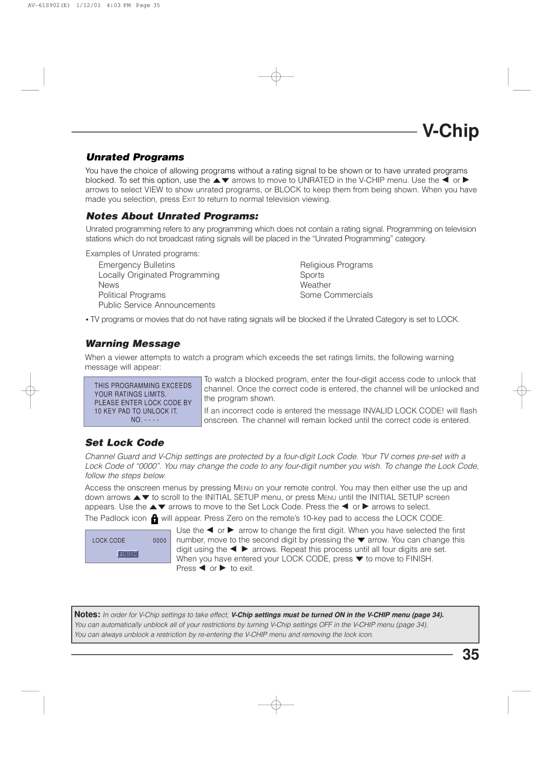 JVC AV-61S902 manual Unrated Programs, Set Lock Code 