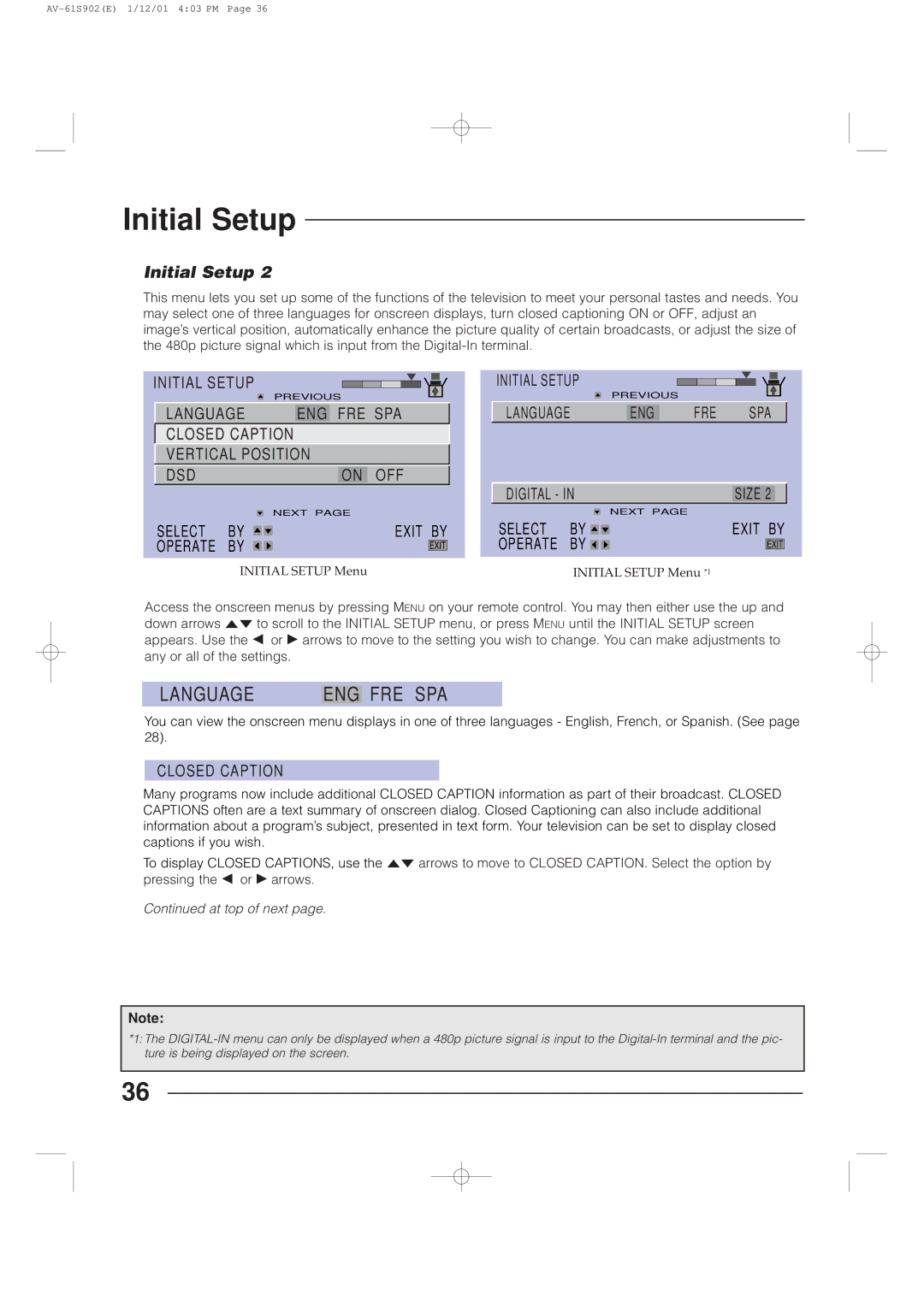 JVC AV-61S902 manual Language, Fre Spa, Initial Setup 