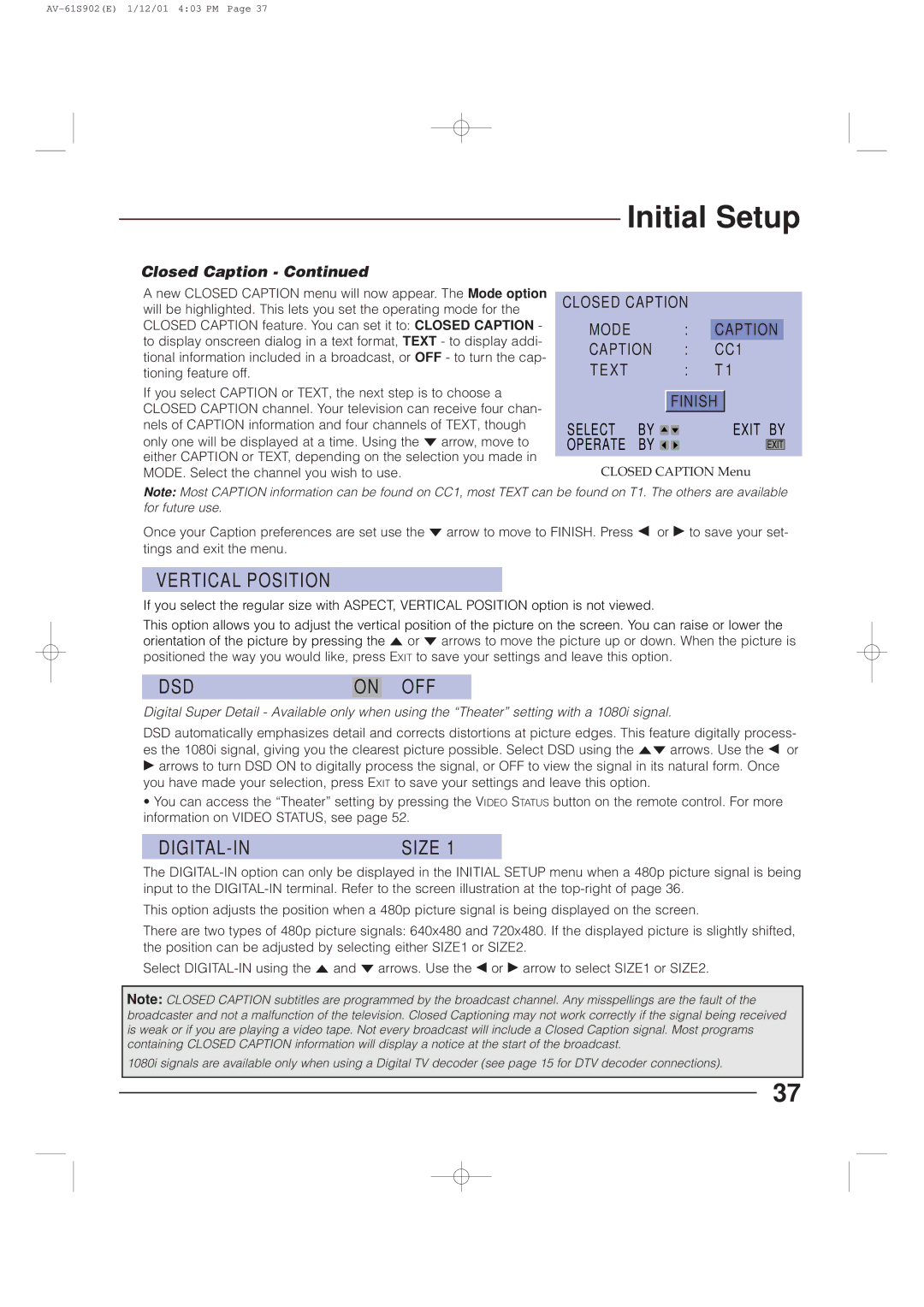 JVC AV-61S902 manual Vertical Position, Dsd Off, DIGITAL-IN Size 