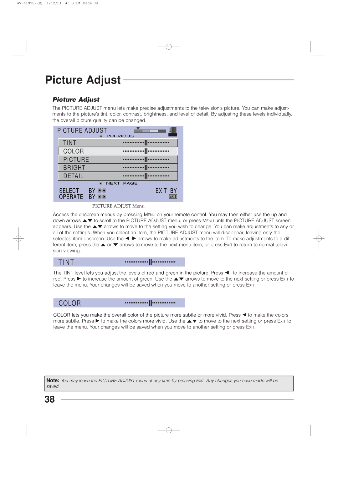 JVC AV-61S902 manual Picture Adjust, Tint, Color 