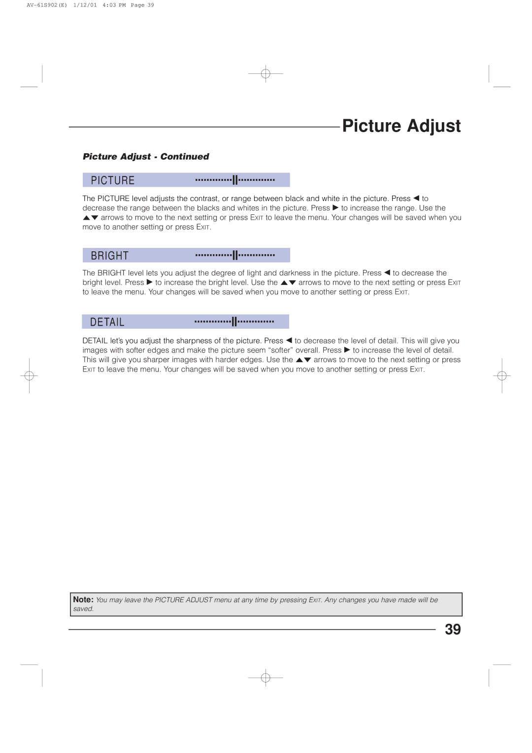 JVC AV-61S902 manual Picture, Bright, Detail 