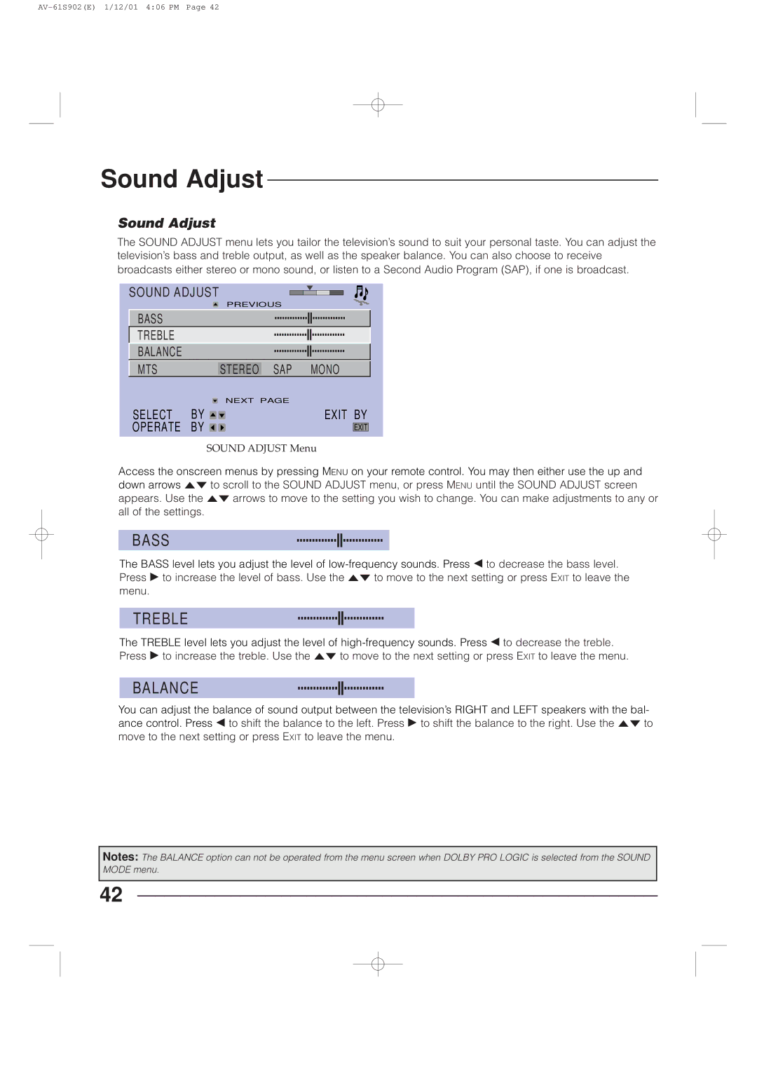 JVC AV-61S902 manual Sound Adjust, Bass, Treble, Balance 