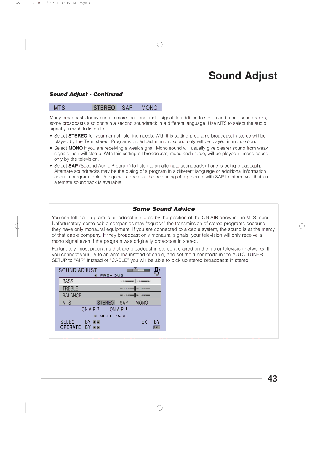 JVC AV-61S902 manual SAP Mono, Some Sound Advice 