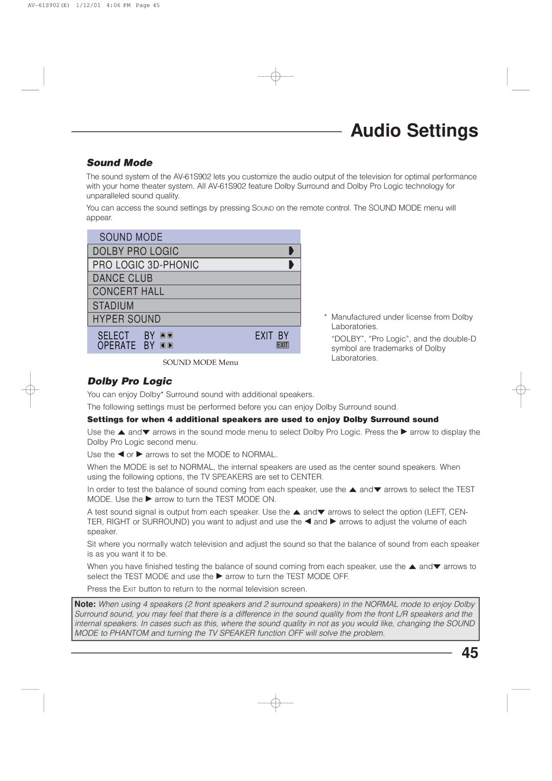 JVC AV-61S902 manual Audio Settings, Sound Mode, Dolby Pro Logic 