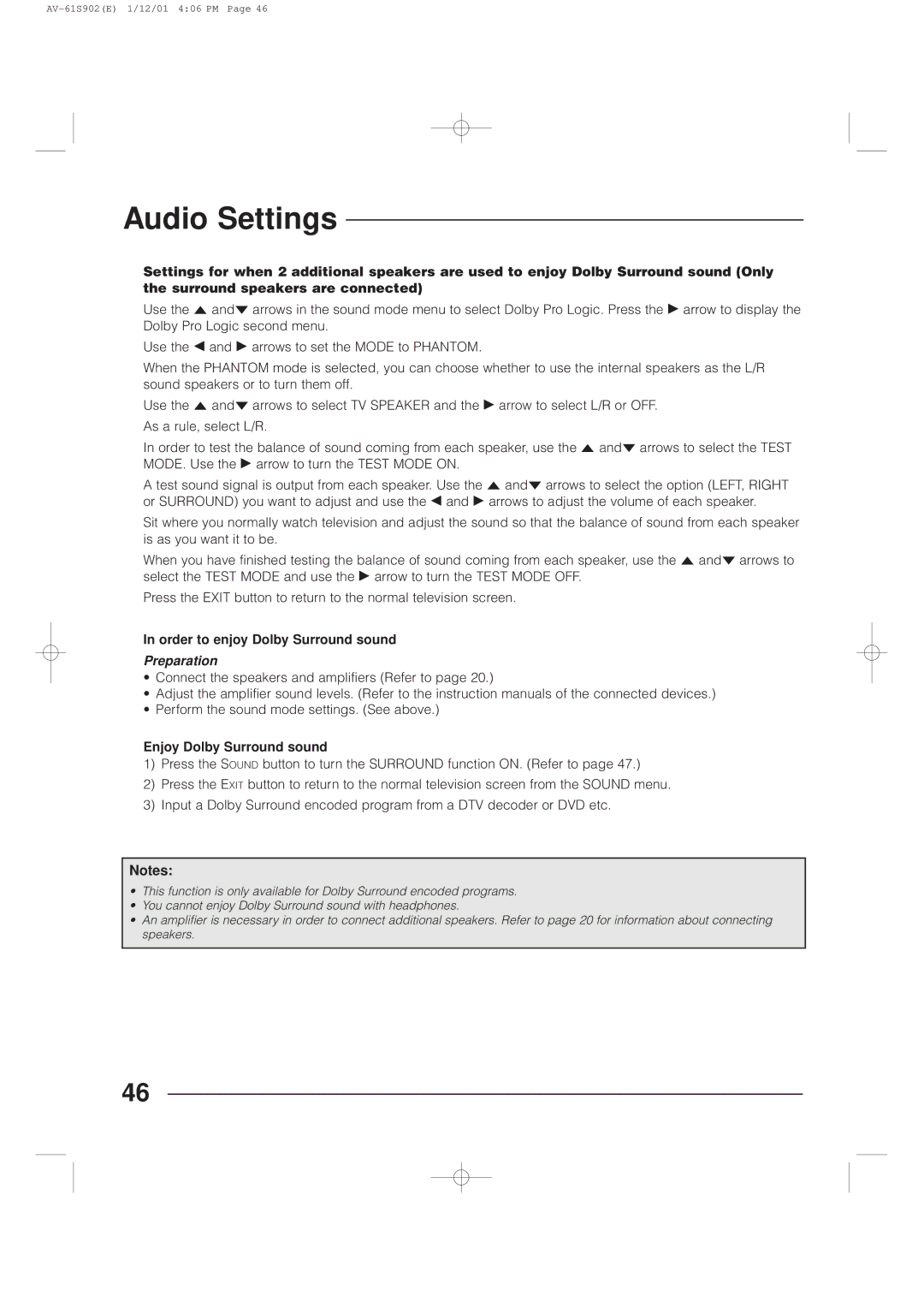 JVC AV-61S902 manual Order to enjoy Dolby Surround sound, Enjoy Dolby Surround sound 