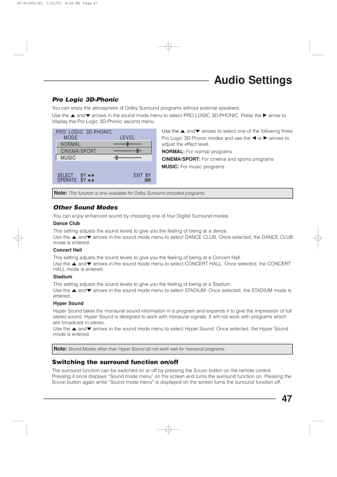 JVC AV-61S902 manual Pro Logic 3D-Phonic, Other Sound Modes 