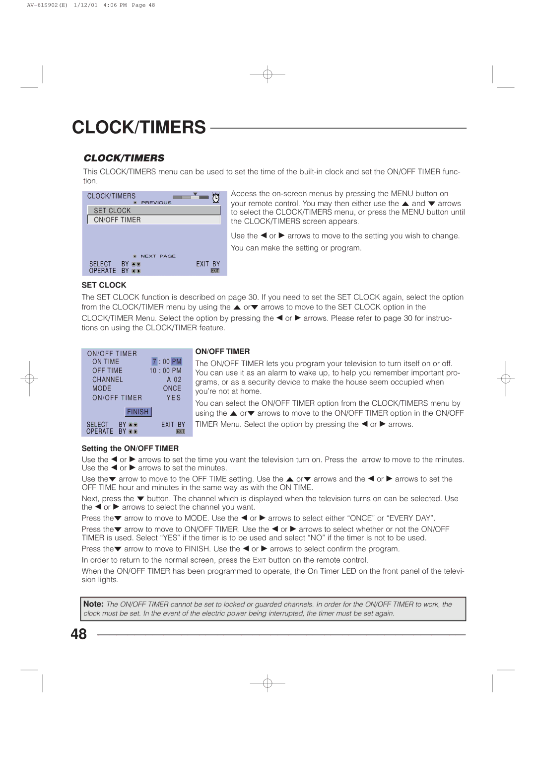 JVC AV-61S902 manual Clock/Timers, Setting the ON/OFF Timer 