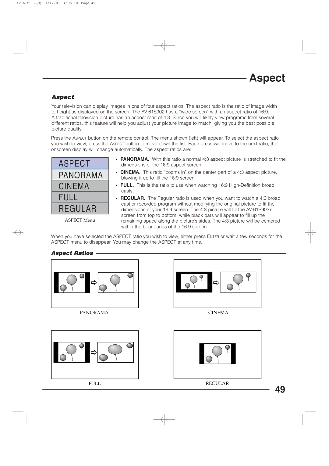 JVC AV-61S902 manual Aspect 