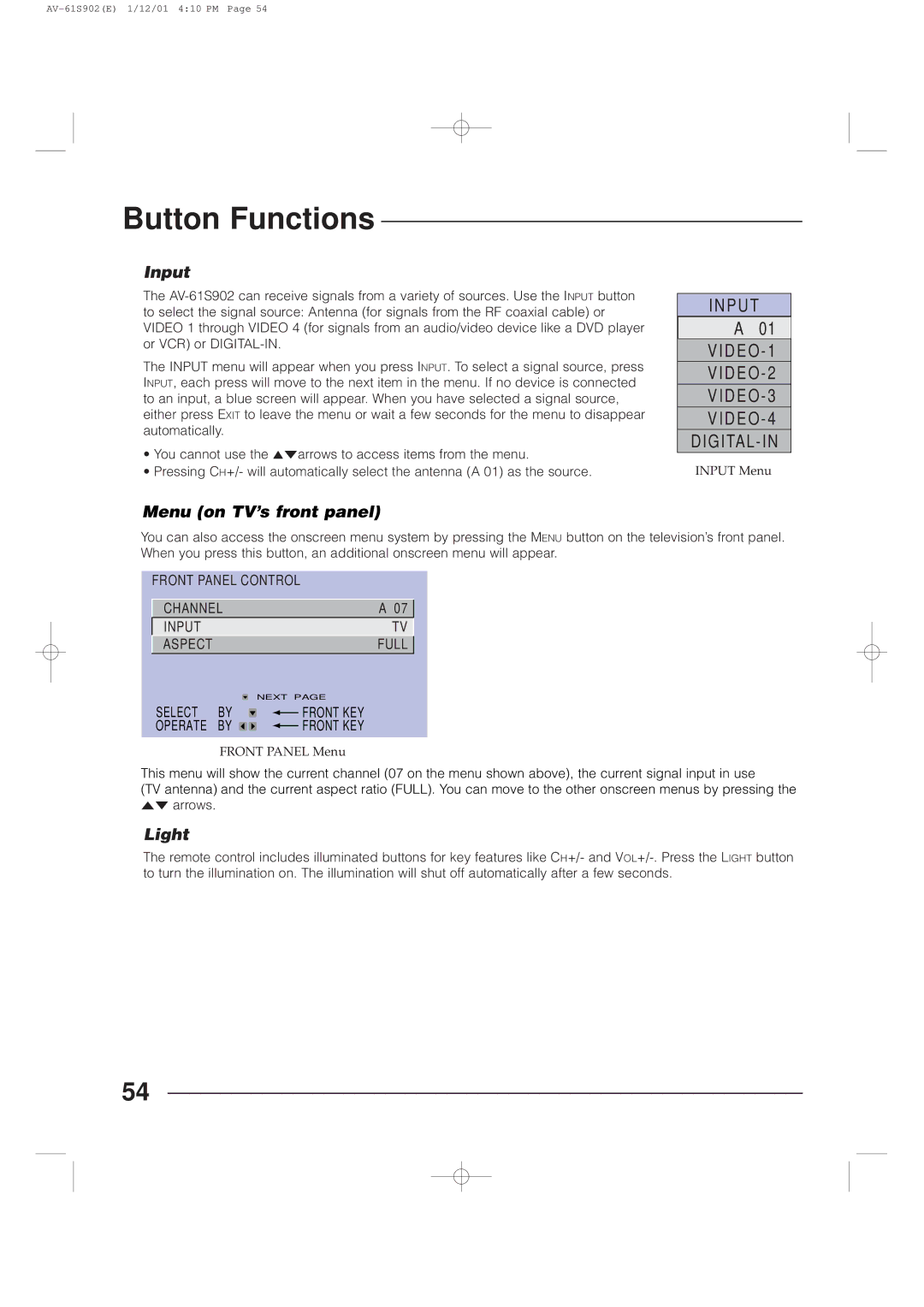 JVC AV-61S902 manual Input, Menu on TV’s front panel, Light 