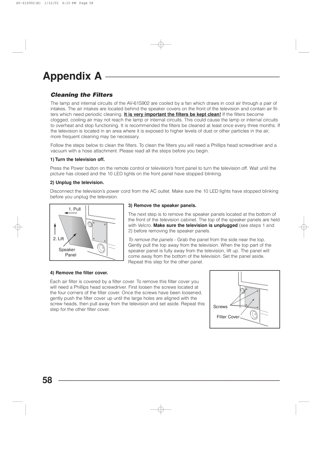 JVC AV-61S902 manual Appendix a, Cleaning the Filters 