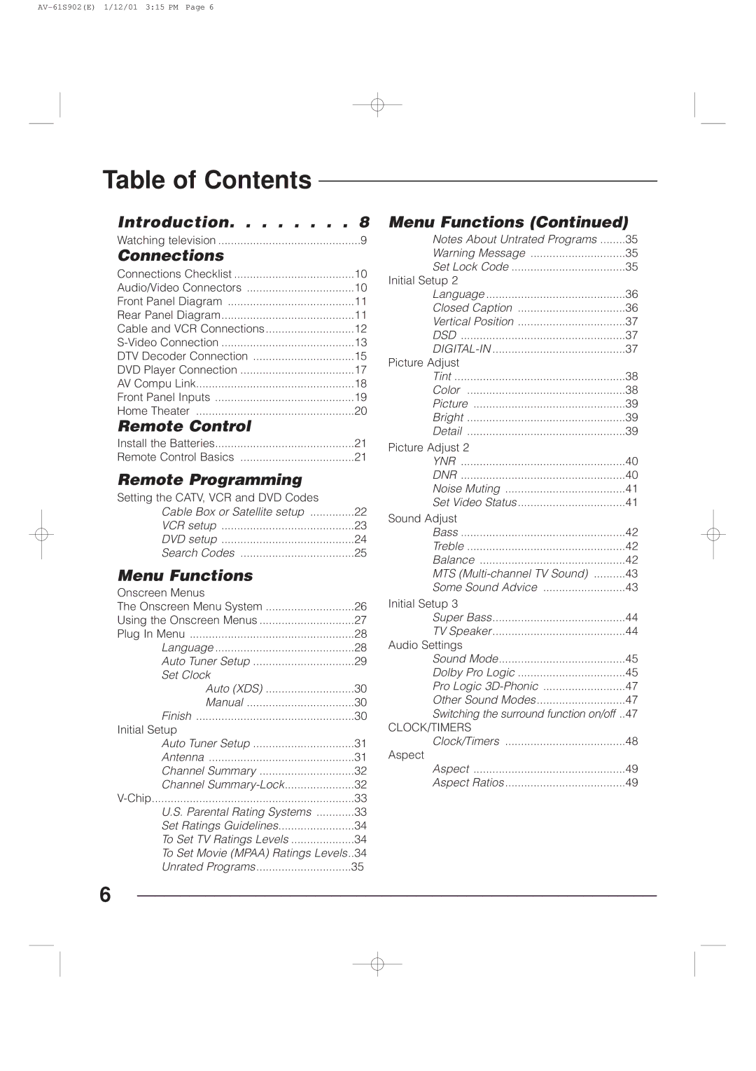 JVC AV-61S902 manual Table of Contents 