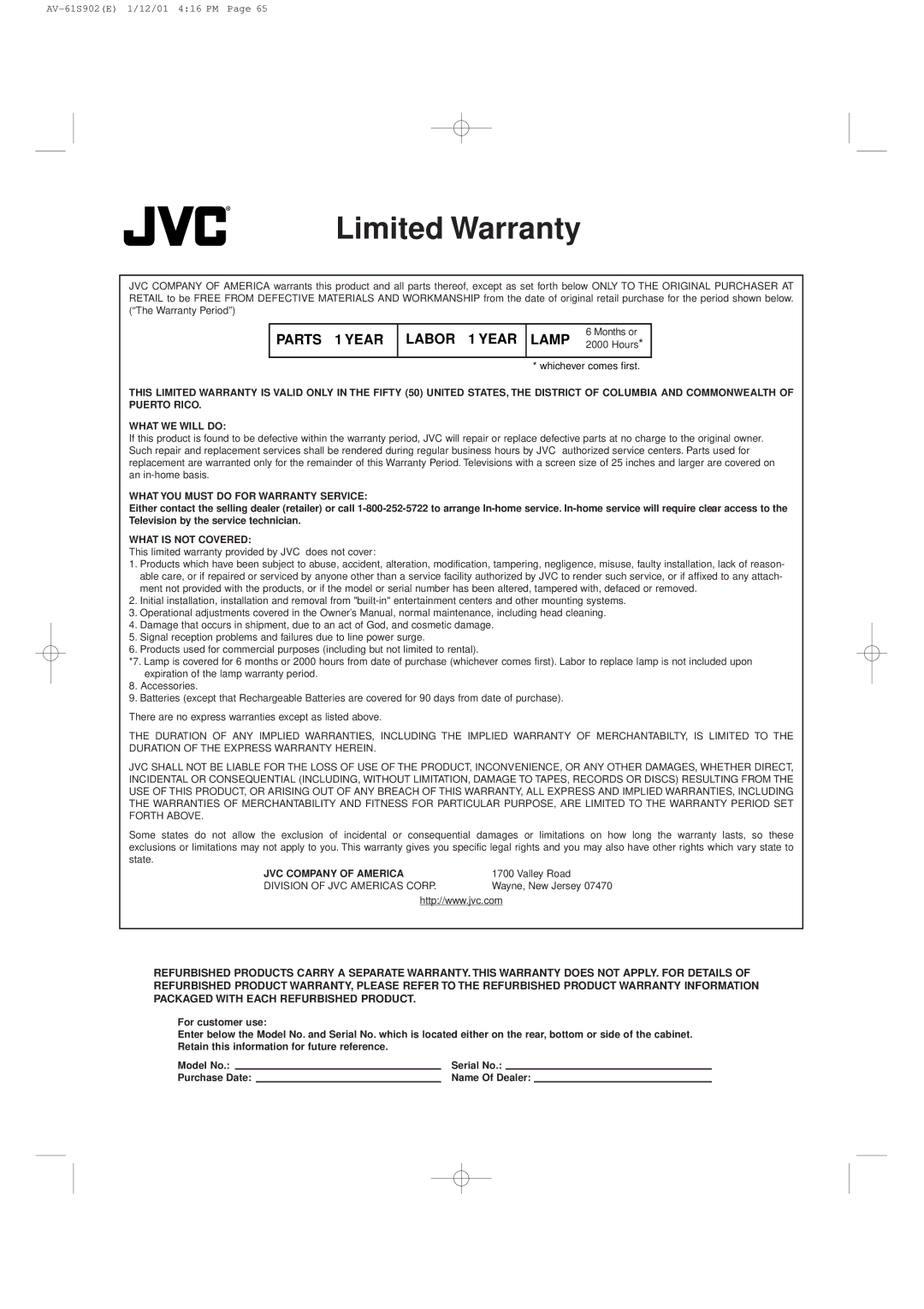 JVC AV-61S902 manual Limited Warranty, Parts 1 Year Labor 1 Year Lamp 