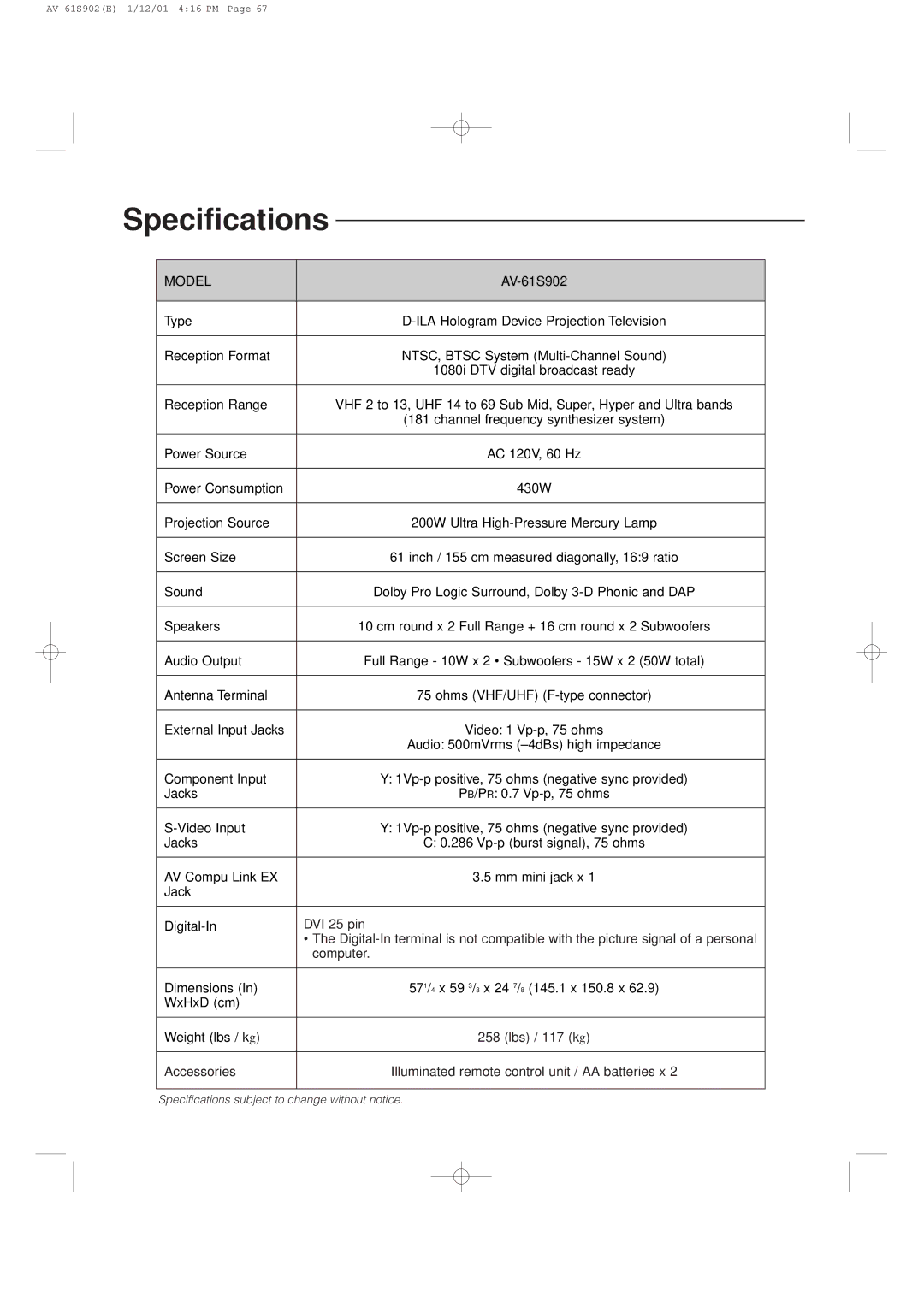 JVC AV-61S902 manual Specifications, Model 