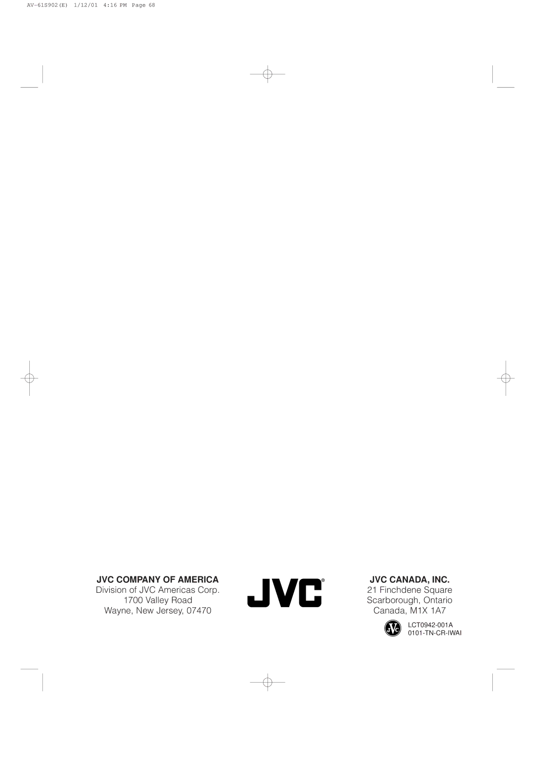 JVC AV-61S902 manual JVC Company of America JVC CANADA, INC 