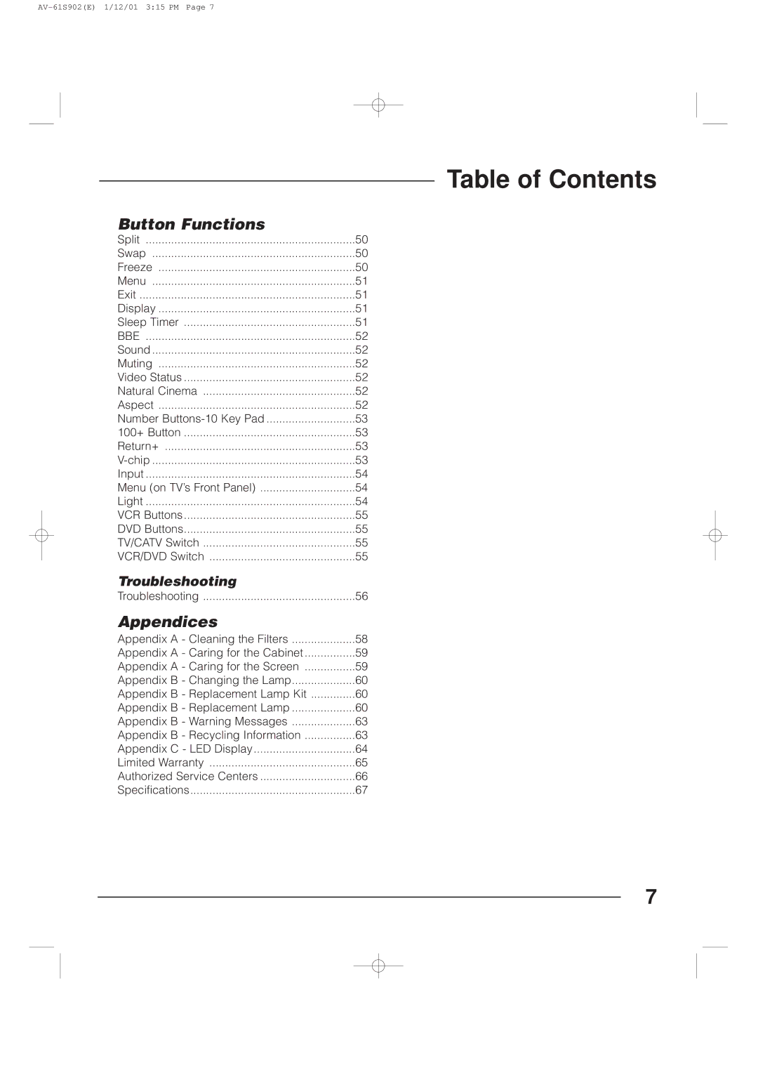 JVC AV-61S902 manual Button Functions, Appendices, Troubleshooting 