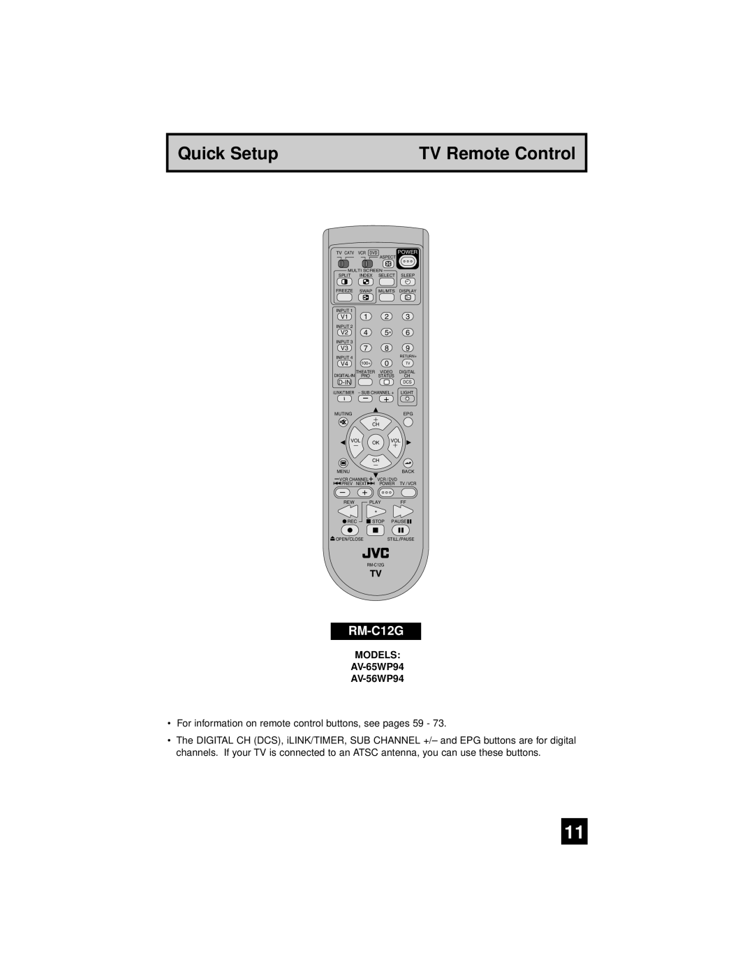 JVC AV 56WP94, AV-65WP94 manual Quick Setup TV Remote Control 