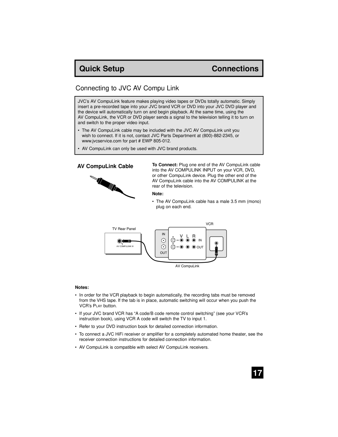 JVC AV 56WP94, AV-65WP94 manual Connecting to JVC AV Compu Link, AV CompuLink Cable 