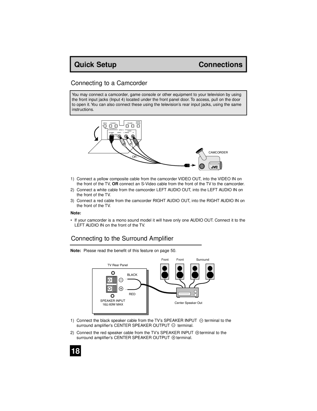 JVC AV-65WP94, AV 56WP94 manual Connecting to a Camcorder, Connecting to the Surround Amplifier 