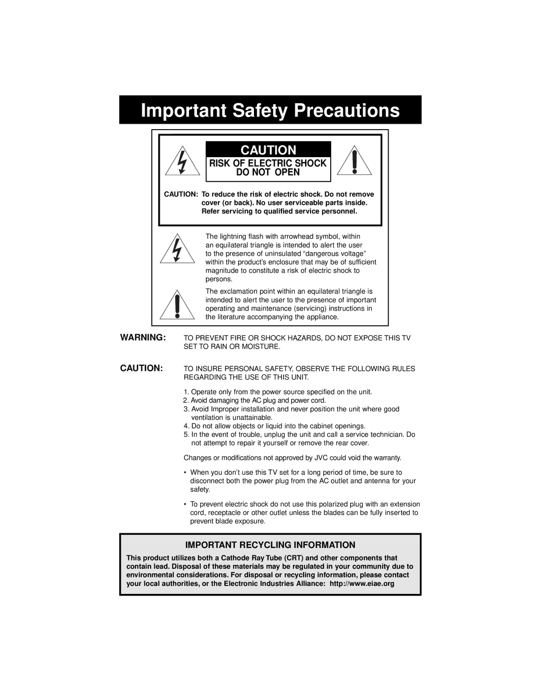 JVC AV-65WP94, AV 56WP94 manual Important Safety Precautions, Risk of Electric Shock Do not Open 