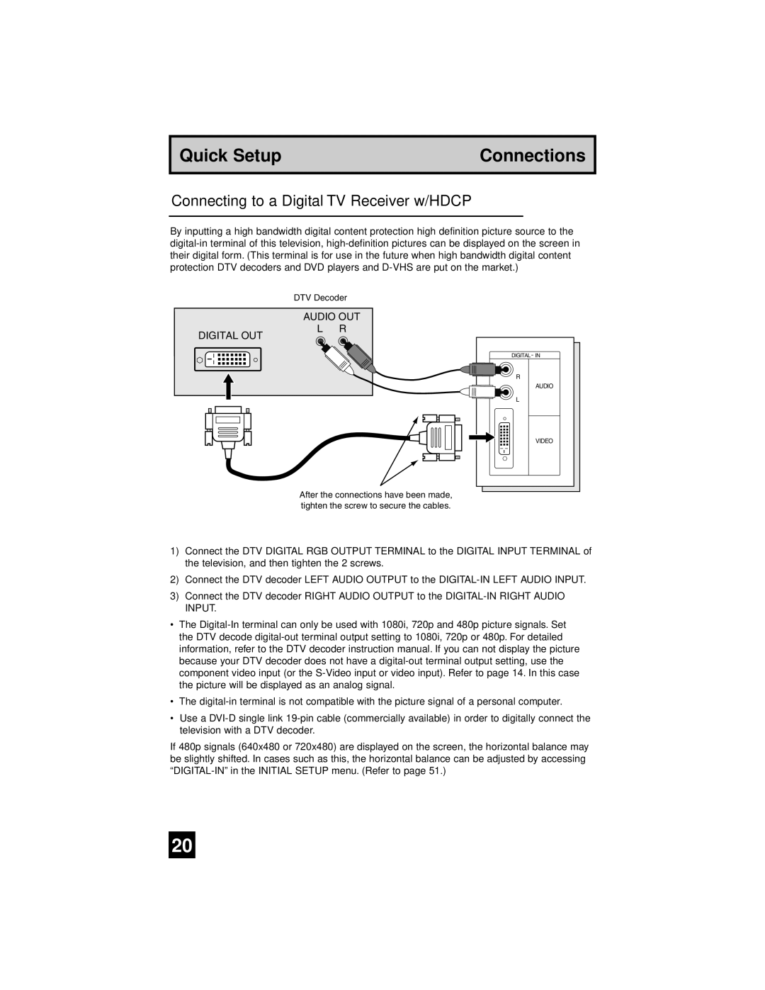 JVC AV-65WP94, AV 56WP94 manual Connecting to a Digital TV Receiver w/HDCP, Audio OUT Digital OUT 