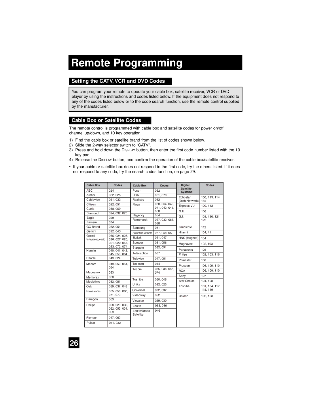 JVC AV-65WP94, AV 56WP94 manual Remote Programming, Setting the CATV, VCR and DVD Codes, Cable Box or Satellite Codes 