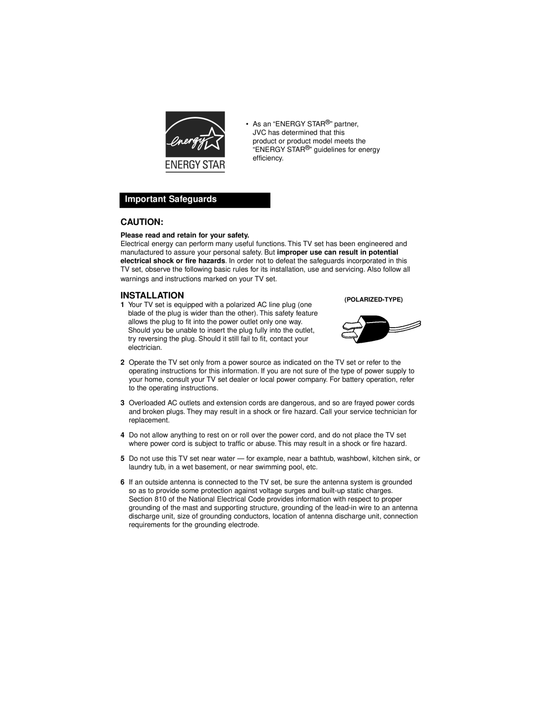 JVC AV 56WP94, AV-65WP94 manual Important Safeguards, Please read and retain for your safety 