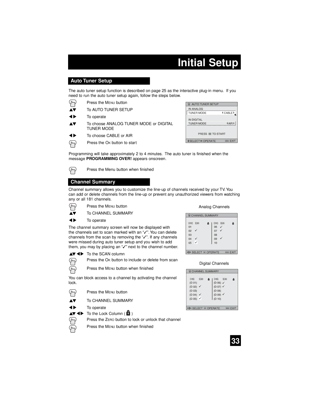 JVC AV 56WP94, AV-65WP94 manual Initial Setup, Auto Tuner Setup, Channel Summary 