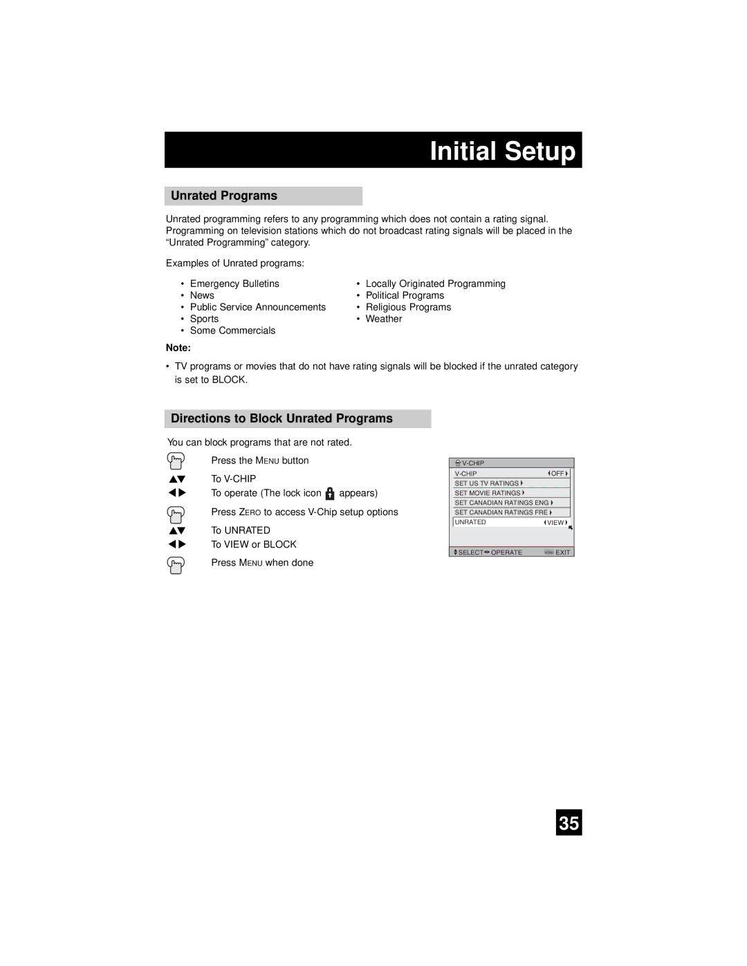 JVC AV 56WP94, AV-65WP94 manual Directions to Block Unrated Programs 