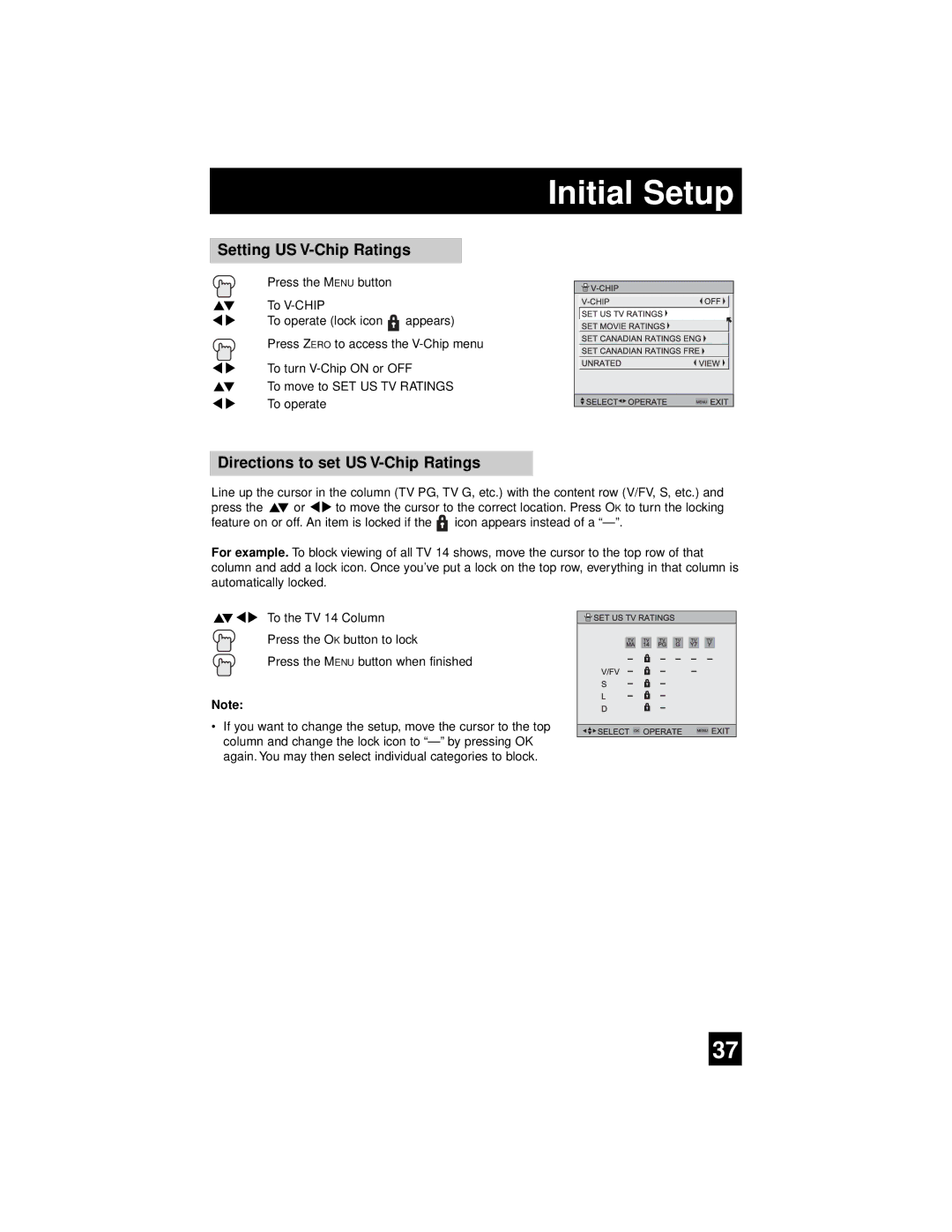 JVC AV 56WP94, AV-65WP94 manual Setting US V-Chip Ratings, Directions to set US V-Chip Ratings 