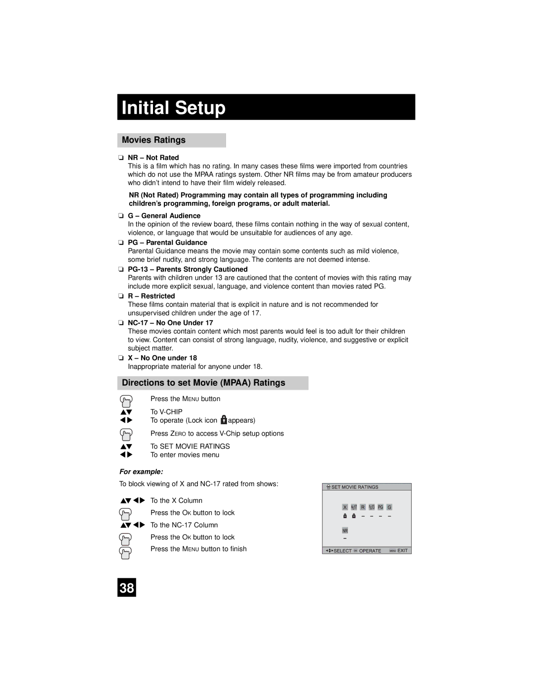 JVC AV-65WP94, AV 56WP94 manual Movies Ratings, Directions to set Movie Mpaa Ratings 