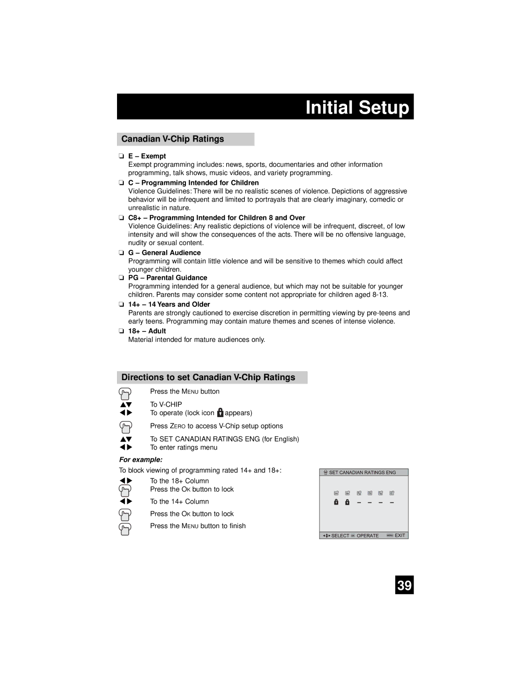 JVC AV 56WP94, AV-65WP94 manual Directions to set Canadian V-Chip Ratings 