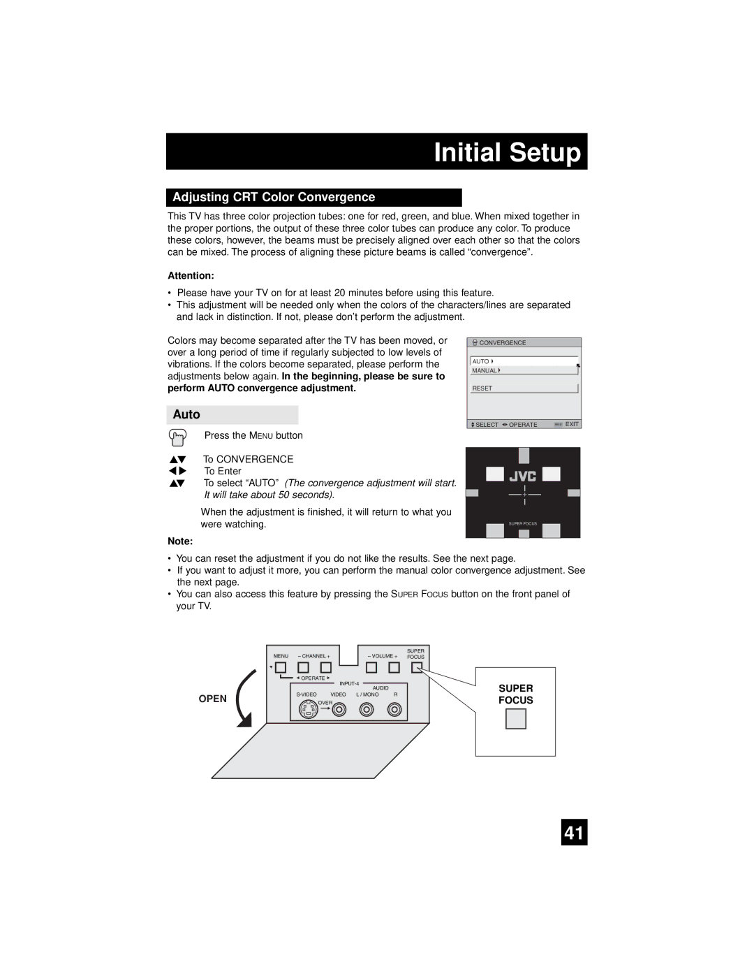 JVC AV 56WP94, AV-65WP94 manual Adjusting CRT Color Convergence, Auto 