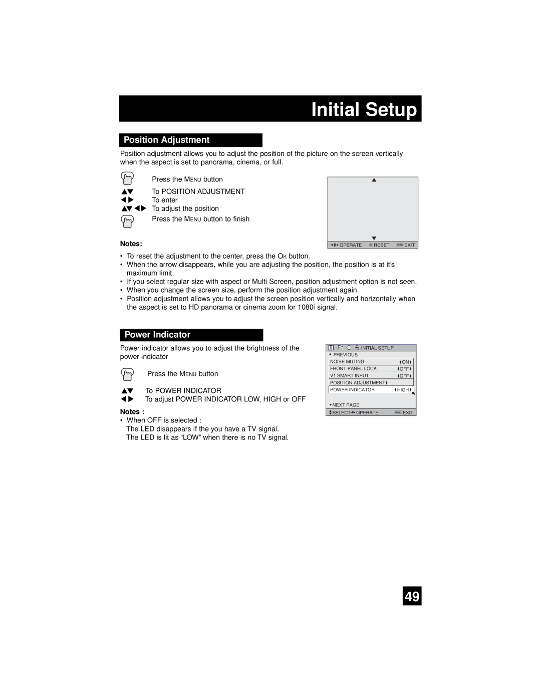 JVC AV 56WP94, AV-65WP94 manual Position Adjustment, Power Indicator 