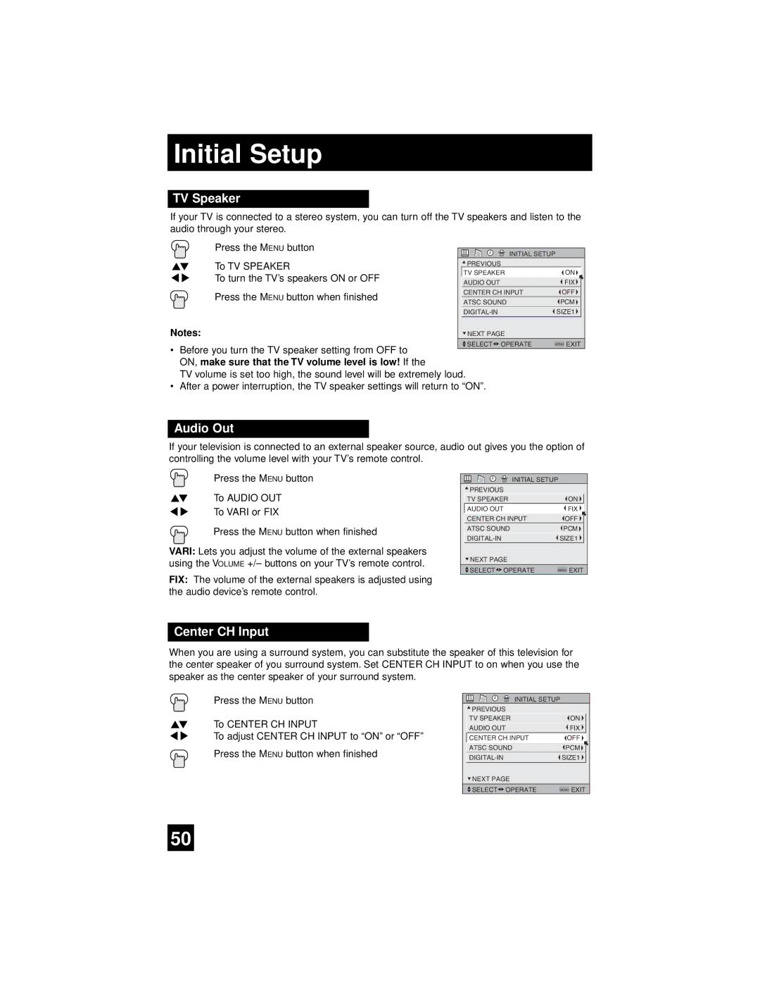 JVC AV-65WP94, AV 56WP94 manual TV Speaker, Audio Out, Center CH Input, ON, make sure that the TV volume level is low! If 