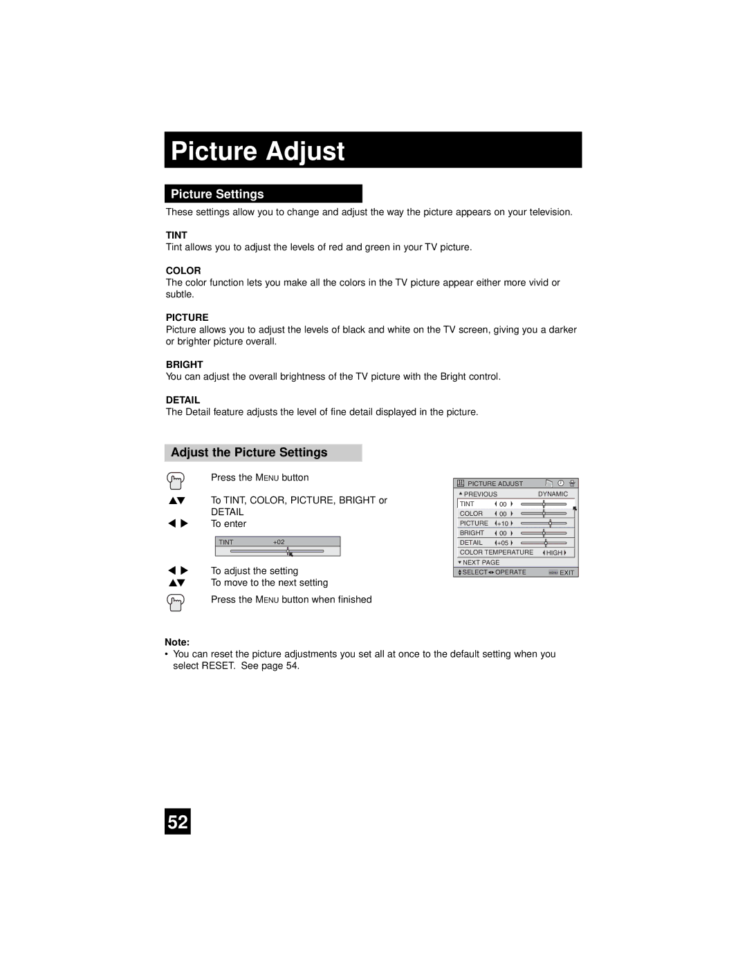 JVC AV-65WP94, AV 56WP94 manual Picture Adjust, Adjust the Picture Settings 