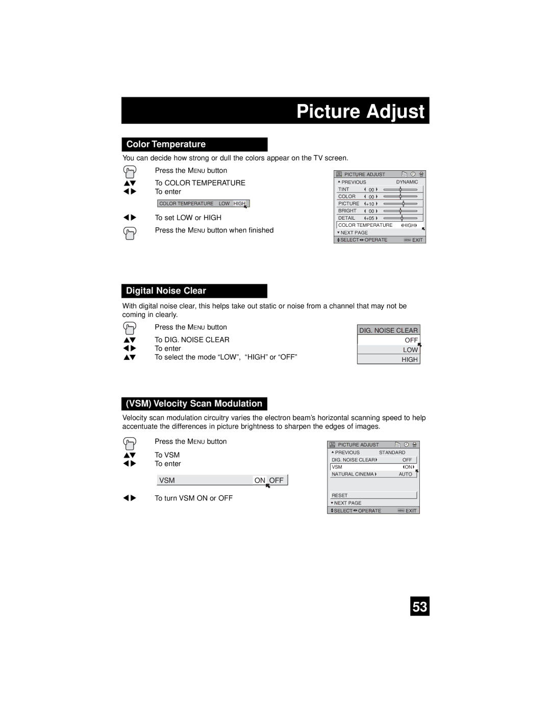 JVC AV 56WP94, AV-65WP94 manual Color Temperature, Digital Noise Clear, VSM Velocity Scan Modulation 