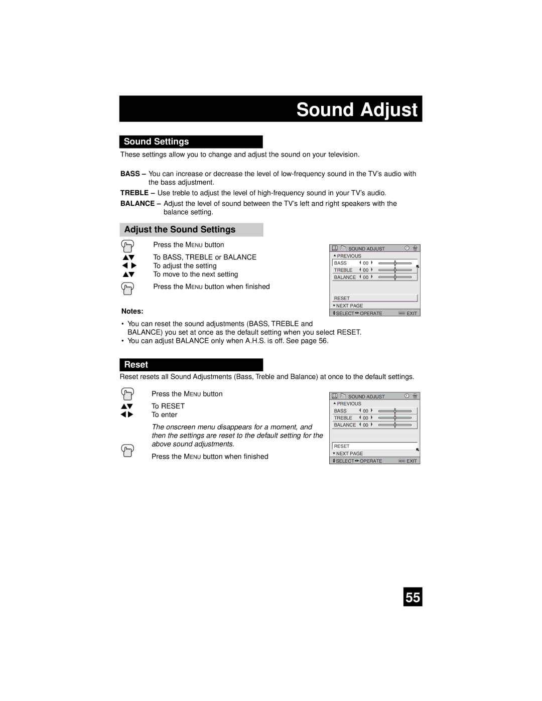 JVC AV 56WP94, AV-65WP94 manual Sound Adjust, Adjust the Sound Settings 