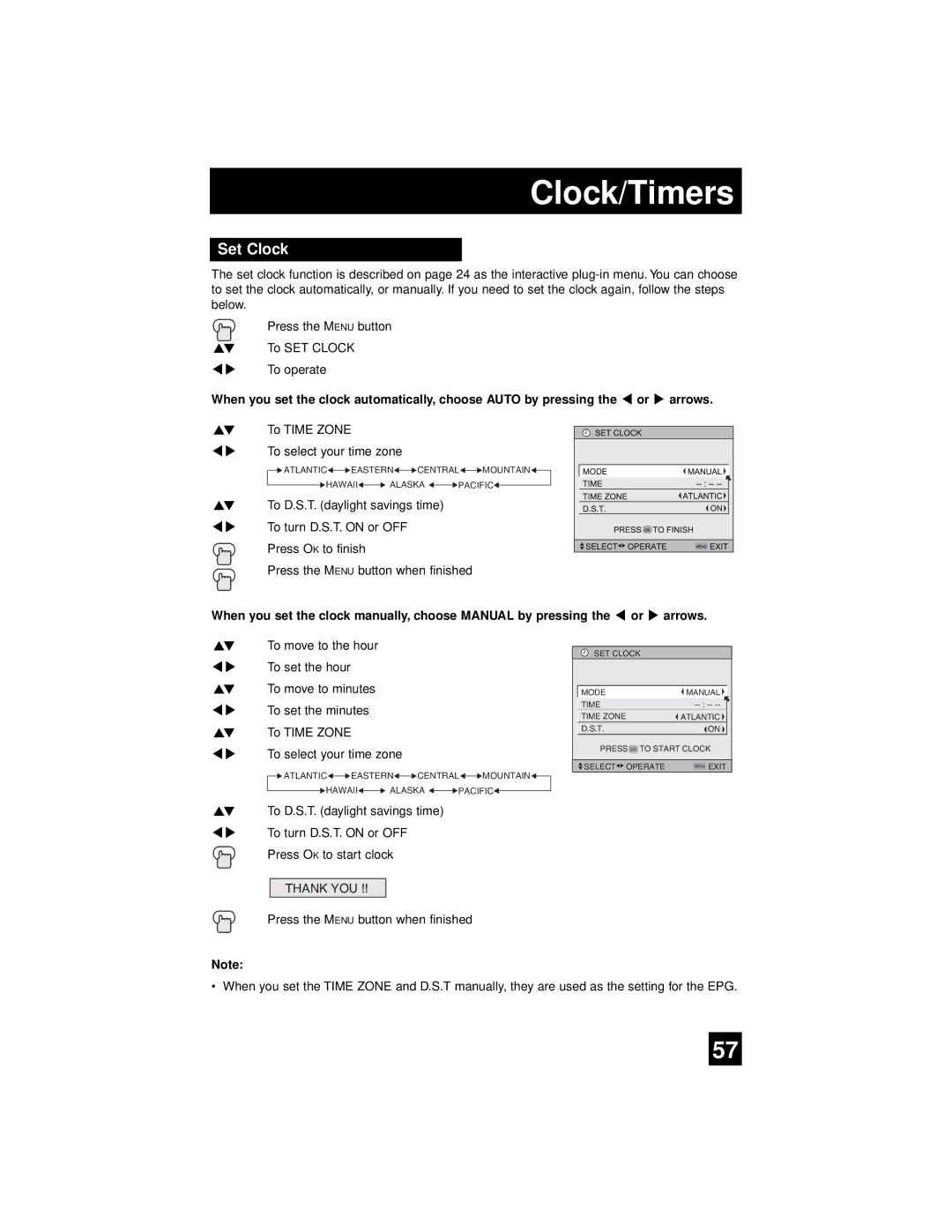 JVC AV 56WP94, AV-65WP94 manual Clock/Timers, Set Clock 